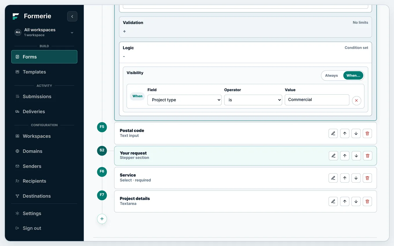 A field’s visibility rule: show it when Project type is Commercial.