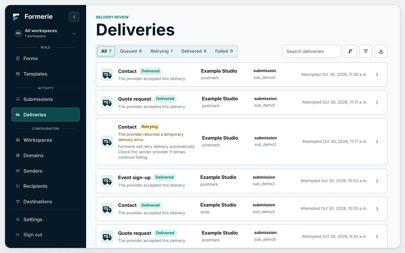 The Deliveries screen, with a status for each message.