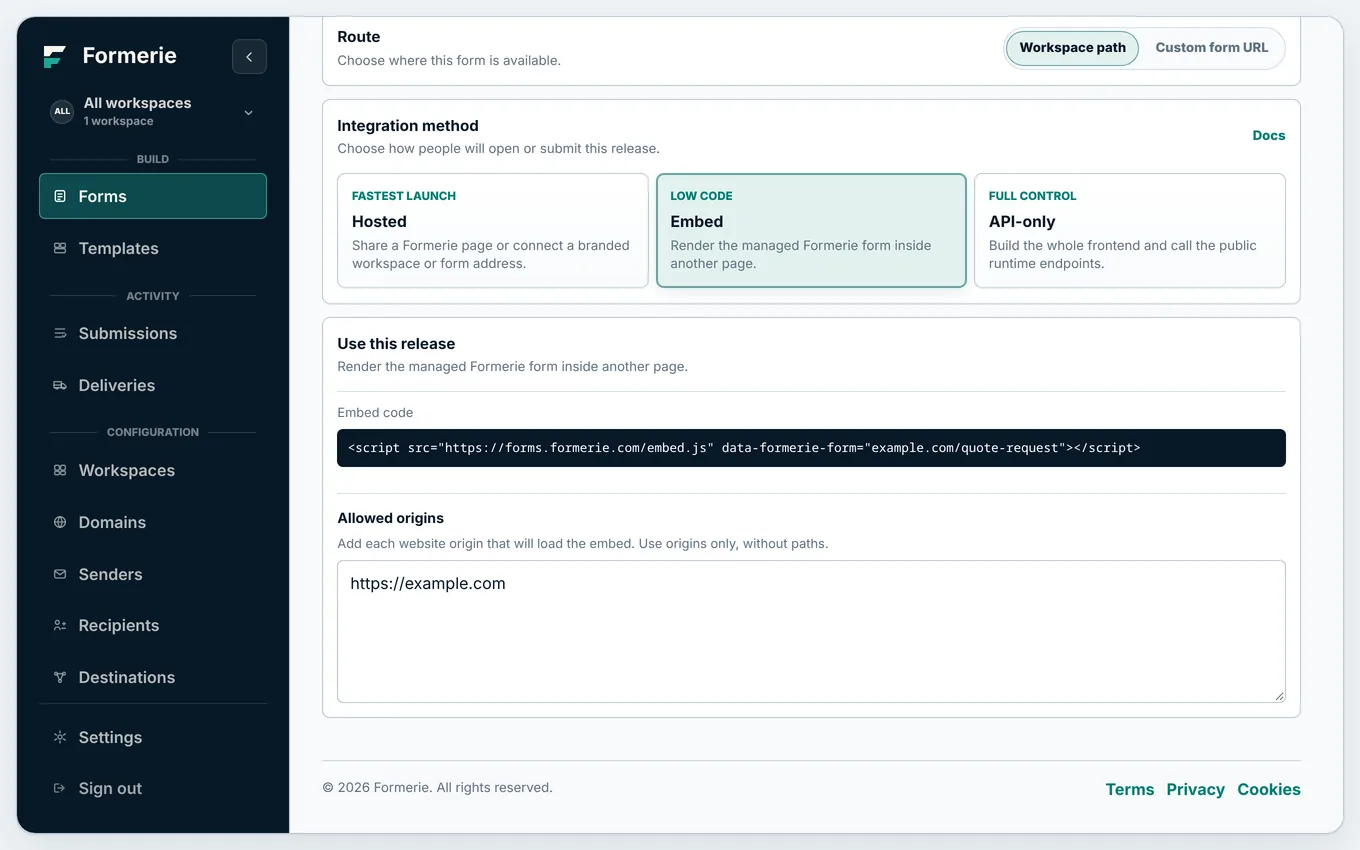 The Release tab, with Embed selected and the code to copy.