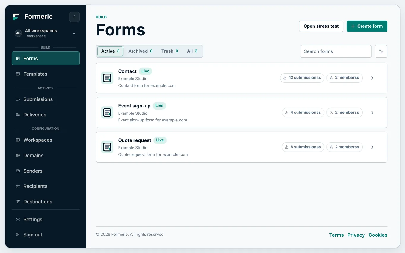 The Forms screen, listing forms in a workspace.
