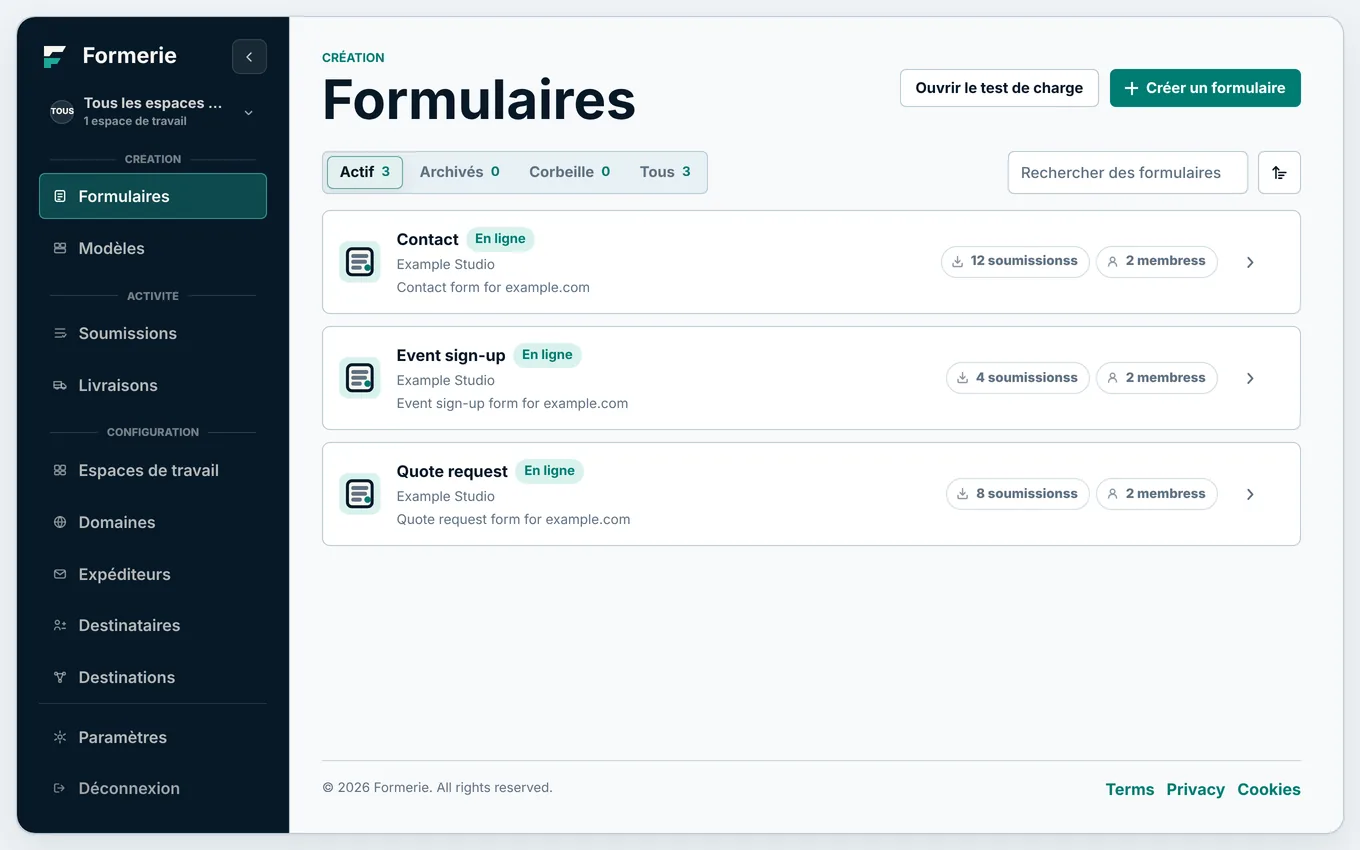 L’écran des formulaires d’un espace de travail.