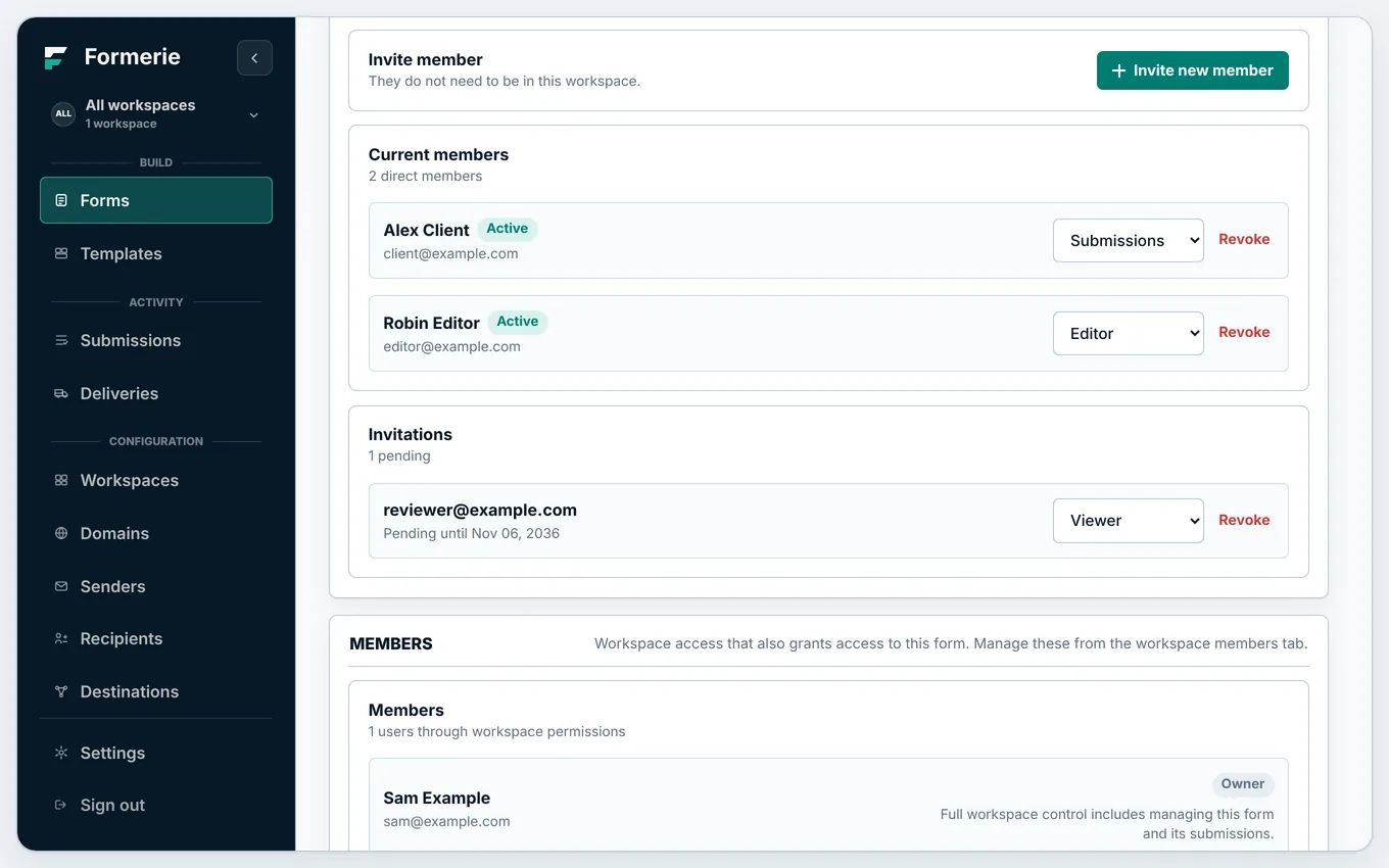 A form’s Members tab, with people, their roles, and a pending invitation.