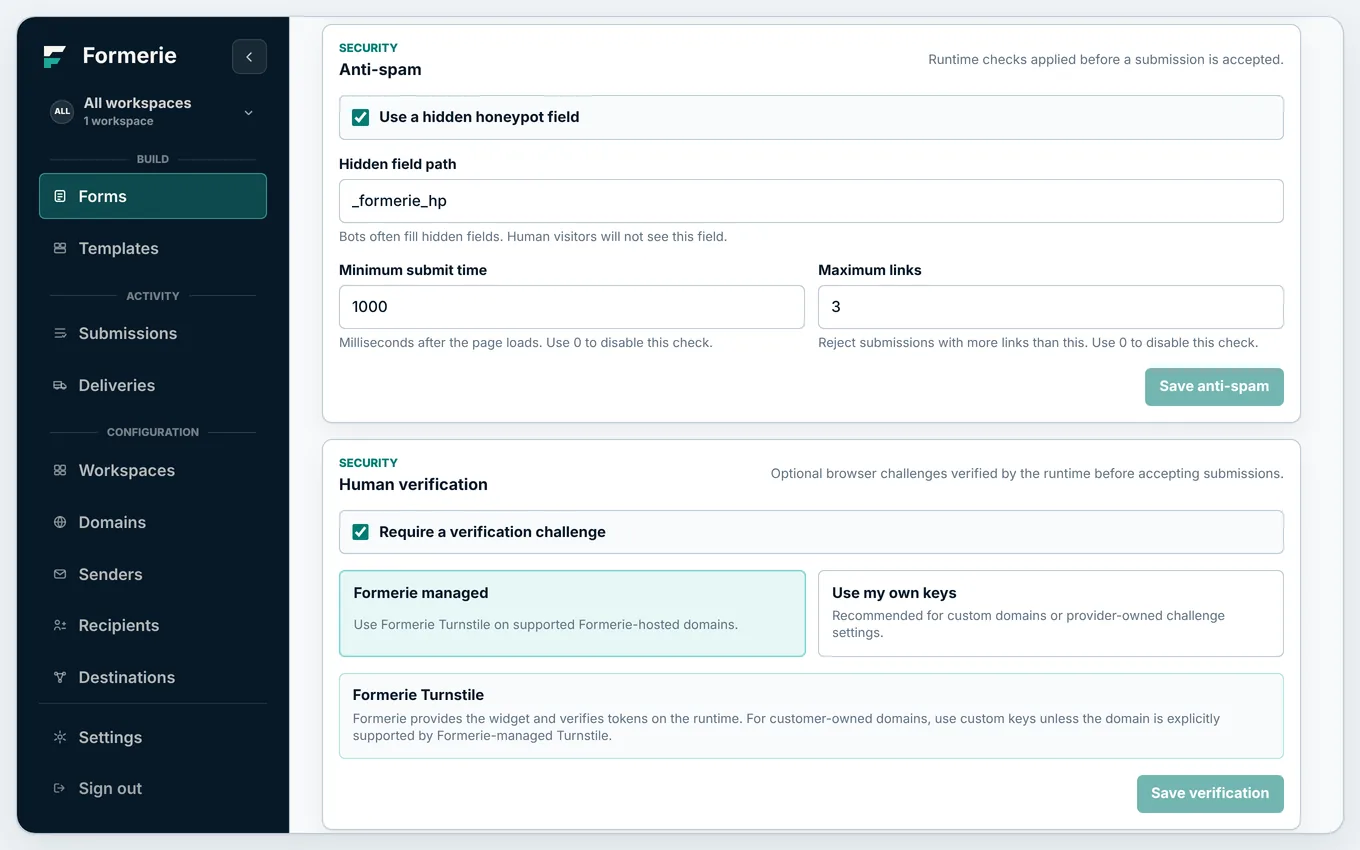 A form’s anti-spam settings: a hidden field, a minimum submit time, and a maximum number of links.