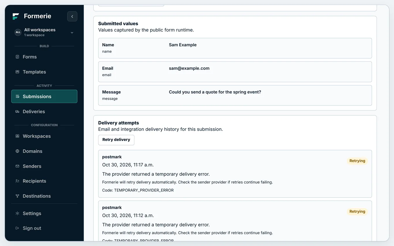 A submission’s page, with its values and verification result.