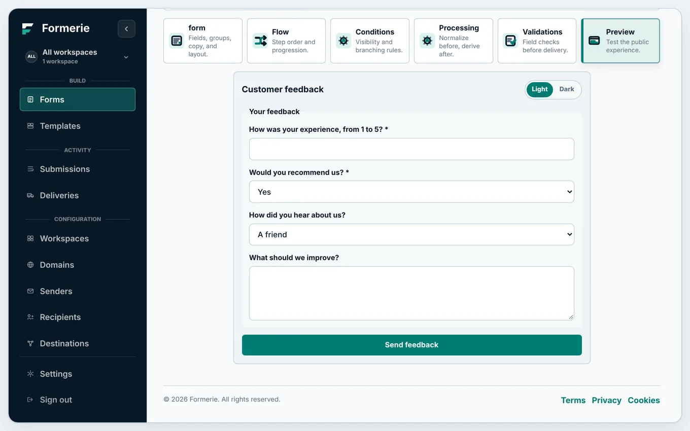 A preview of a customer feedback survey, with a rating and choice questions.