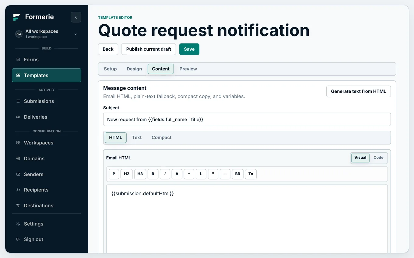 The template editor, with a subject line that uses a field’s value.