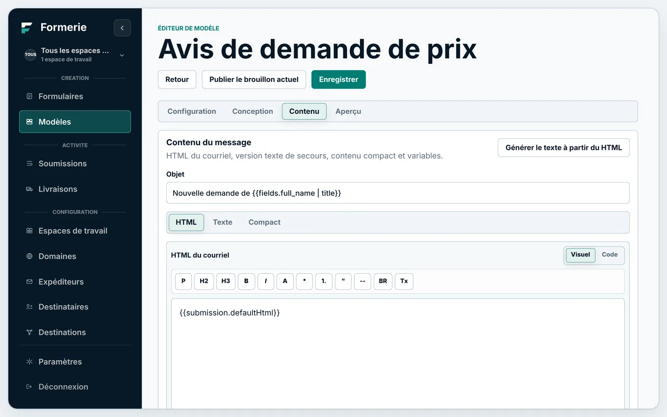L’éditeur de gabarits, avec un objet qui utilise la valeur d’un champ.